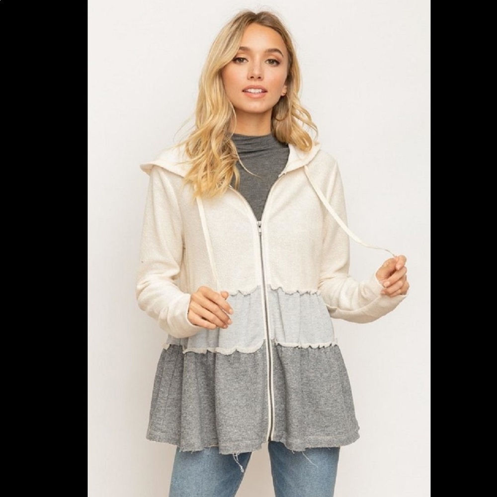 NWT Hem & Thread Layered Ruffled Grayscale Contrast Hooded Zip Up Jacket 1817